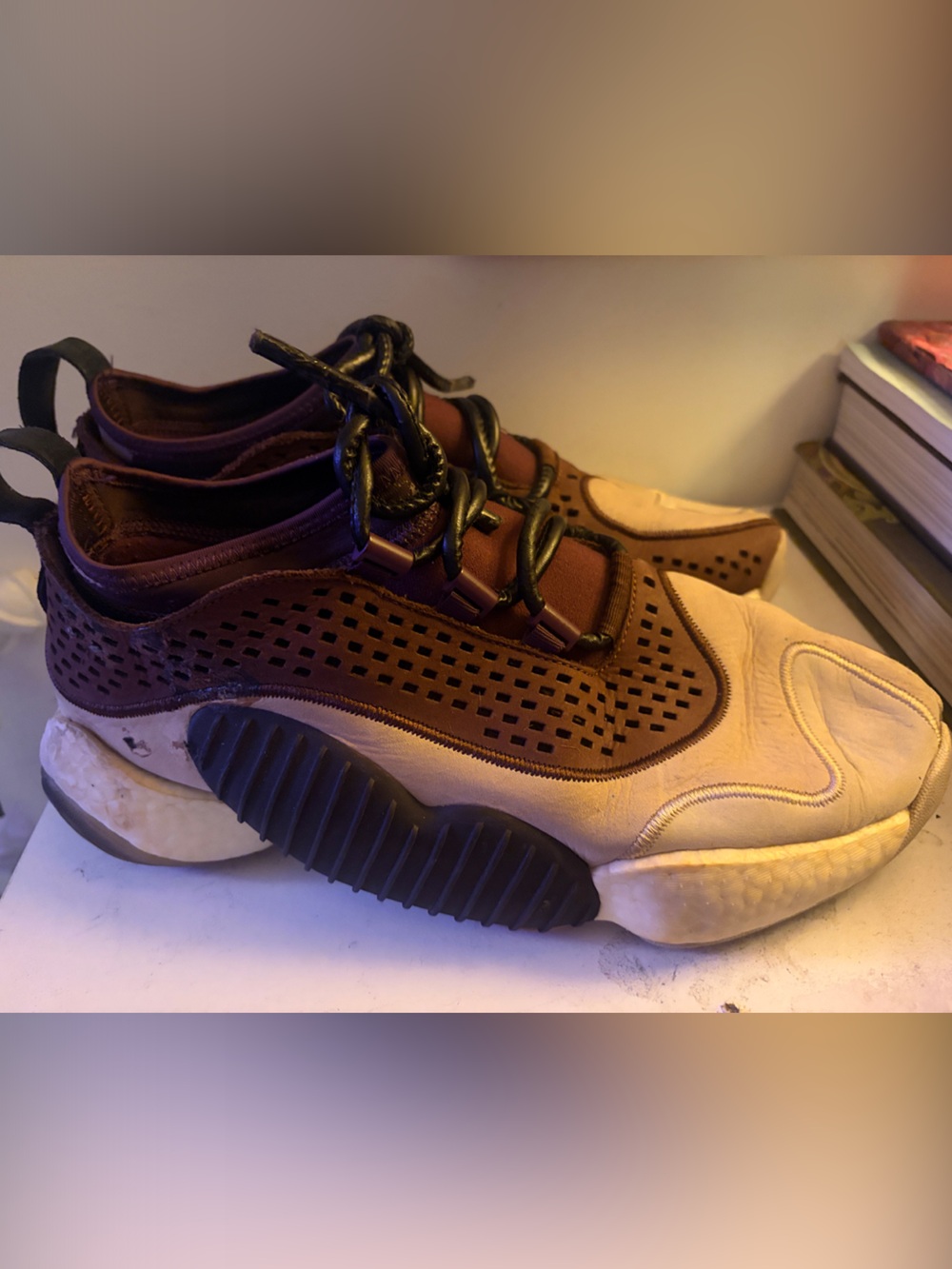 Brown and Cream Perforated Lace-Up Sneakers